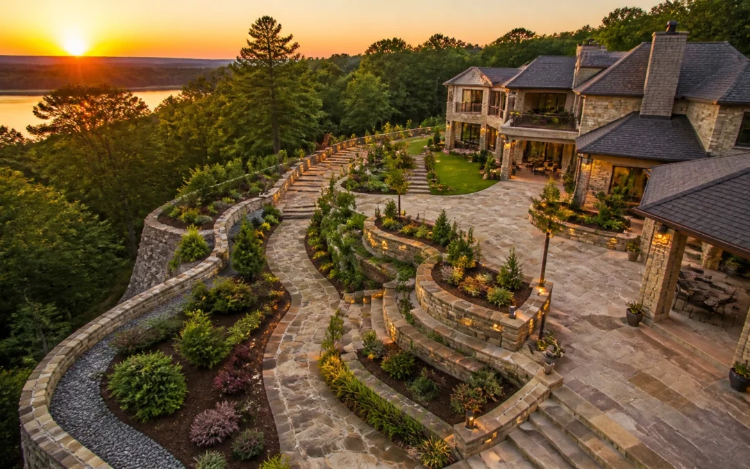 Large stone house with multi-level terraced gardens and pathways, surrounded by trees, overlooking a lake at sunset.