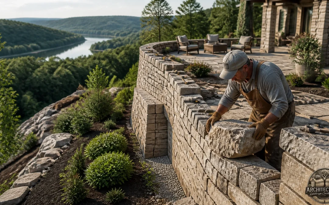 A man in work clothes places a large stone on a terrace wall overlooking a river and forested hills next to a stone building.
