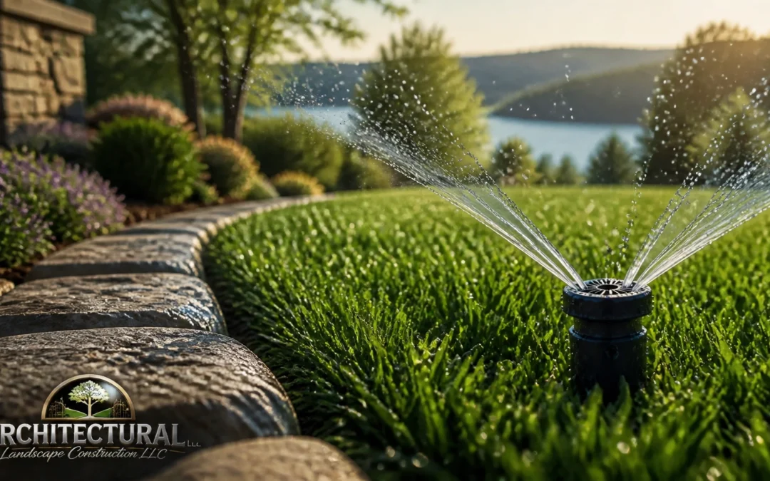 A sprinkler waters a green lawn bordered by stone, with landscaped plants and trees nearby. A lake and hills are visible in the background. Architectural Landscape Construction LLC logo in corner.