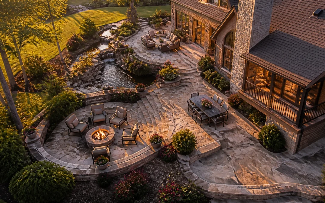 Aerial view of a large stone patio with outdoor seating, a fire pit, dining area, water feature, gardens, and a house at sunset.