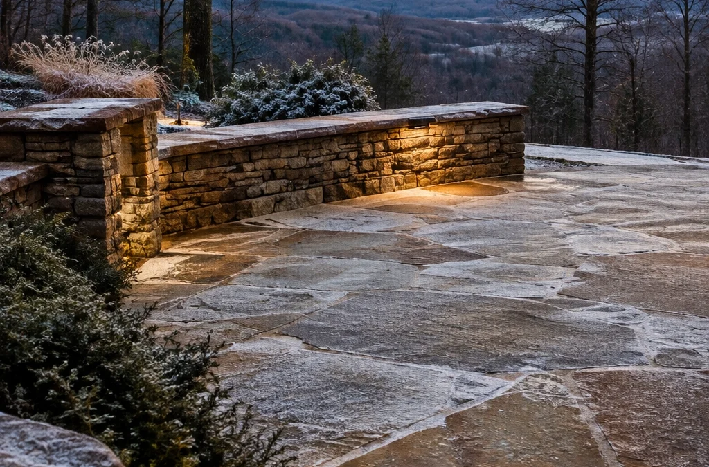 A flagstone patio with a low stone retaining wall at sunset, overlooking a valley with distant hills.