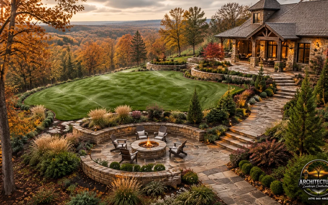 Stone patio with a fire pit, chairs, and landscaped garden on a hillside beside a large house, surrounded by autumn trees and overlooking a scenic valley.