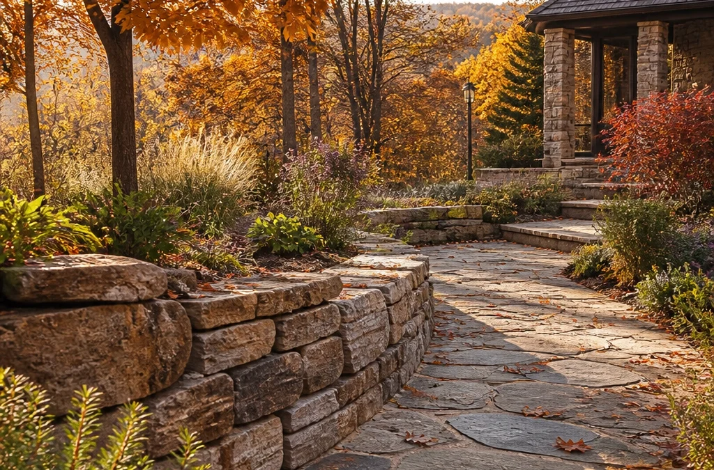 A stone path curves past a low stone retaining wall and through a garden with autumn foliage.