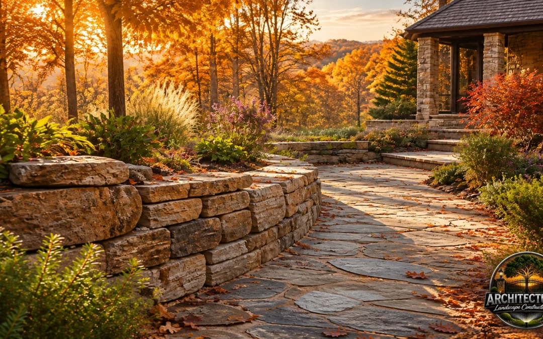 Flagstone path and tiered stone retaining wall in a backyard during autumn, with the Architectural Landscape Construction LLC logo in the bottom corner.