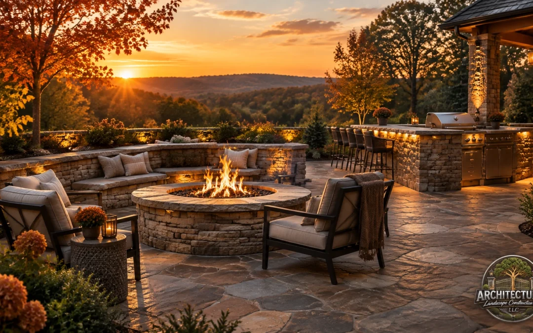 Outdoor patio at sunset featuring a stone fire pit, built-in seating, and a kitchen island, with a mountain view in the background.