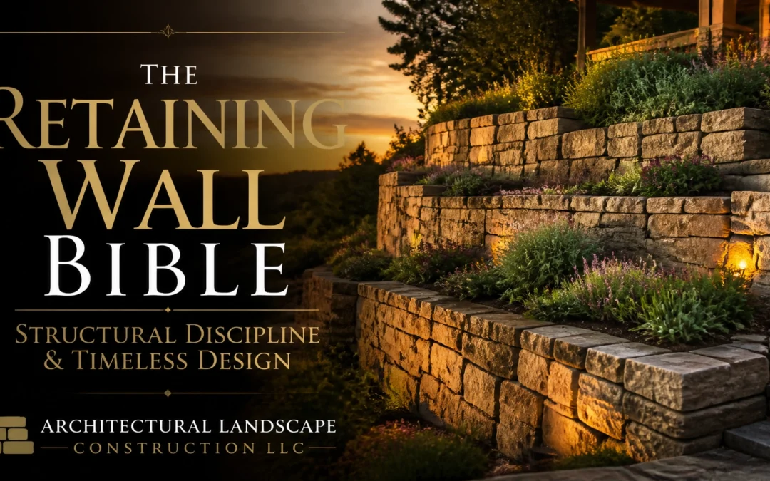 Text overlay on a photo of a multi-tiered stone retaining wall reads: “The Retaining Wall Bible: Structural Discipline & Timeless Design,” and “Architectural Landscape Construction LLC.”