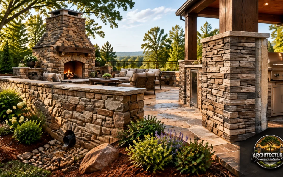 An outdoor patio featuring a stone fireplace, a built-in grill, and lounge seating, with the Architectural Landscape Construction LLC logo in the corner.
